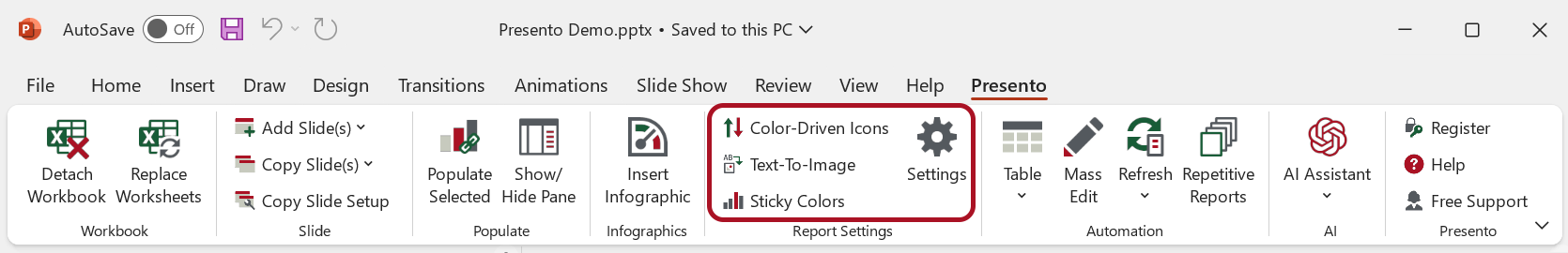 Report Settings in the Presento Ribbon Tab